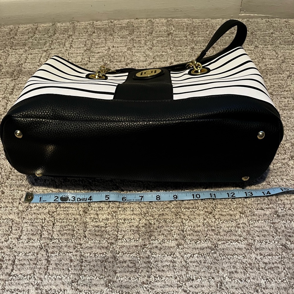 Liz Claiborne Black and White Stripe Tote with Gold Accents - Picture 6 of 7